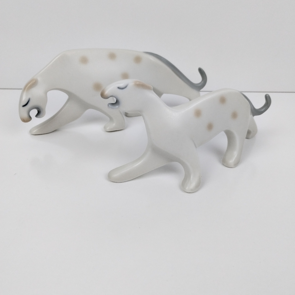 Elegant White and Gray MCM Ceramic Panther Figurines
